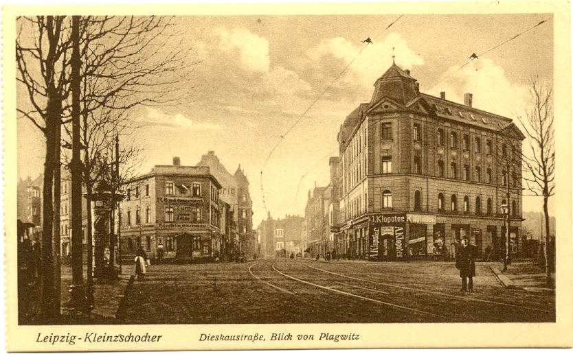 Postkarte um 1914 von Max Petermann mit dem Kaufhaus Klopoter, rechte Seite. Quelle: Stadtgeschichtliches Museum Leipzig, Inventar-Nr. PK 3712/1